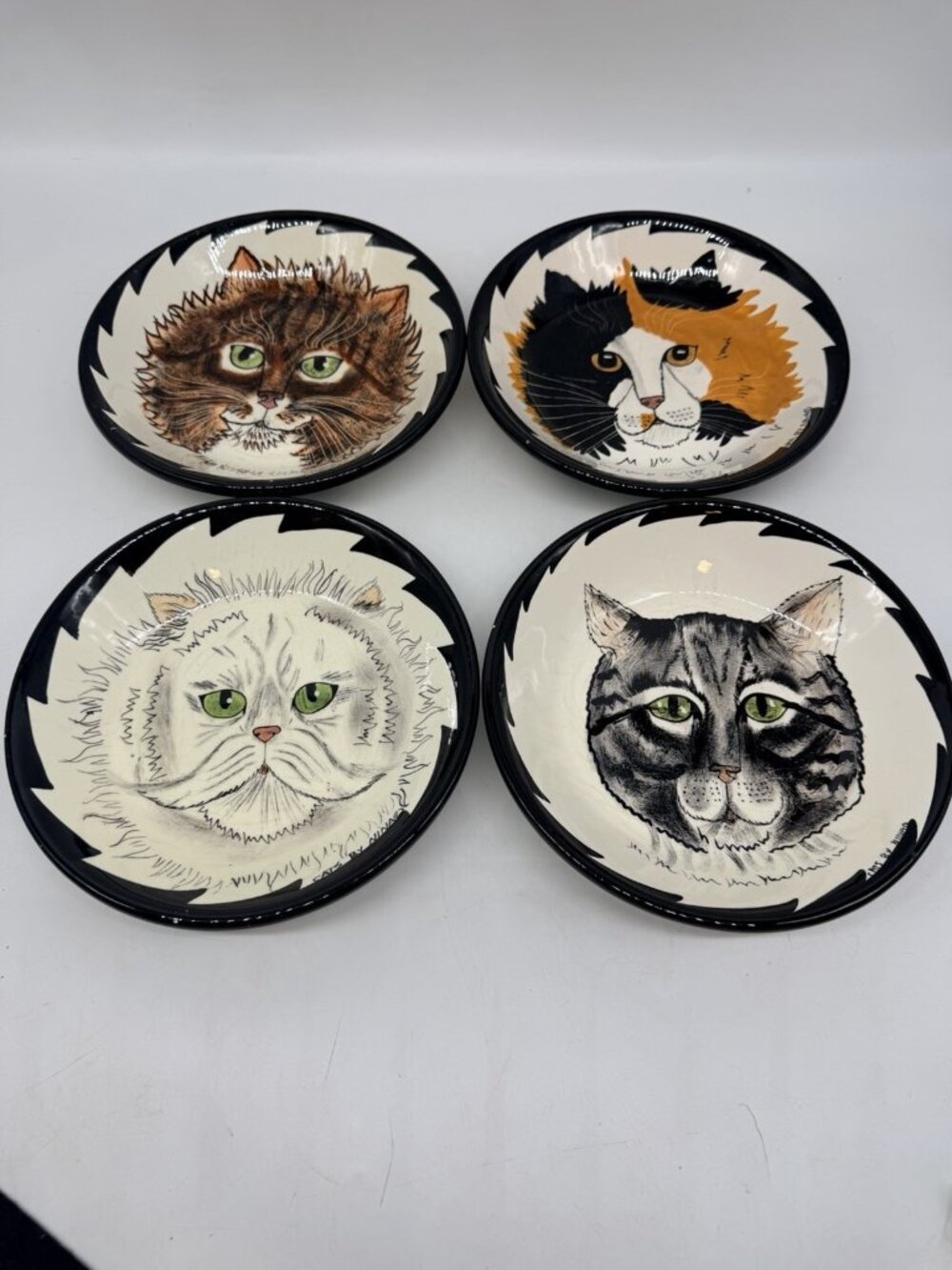 Cats By Nina 2001 Nina Lyman Kitty Feline Ceramic Hand Painted 8” Set Four SEE